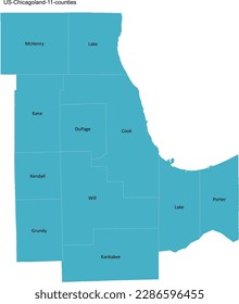 US Chicagoland 11 counties, includes the city of Chicago, the rest of Cook County, eight nearby Illinois counties (Lake, McHenry, DuPage, Kane, Kendall, Grundy, Will, and Kankakee), and the two Indian