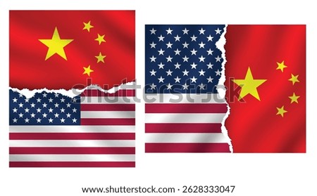 US China flag paper torn. New Cold War and US China conflict.
South China Sea Crisis. Trump threat Chinese trade. Geopolitical Tensions. Taiwan Strait Tension. Communist China against capitalist USA