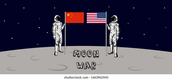 US and China moon war. Astronaut of China and US flags. Two astronaut flags on the moon.