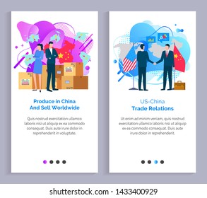 US and China relations vector, woman and man producing in Asia and selling worldwide, people with boxes and production in it. Flags of partners. Business mans from China and US shake hands