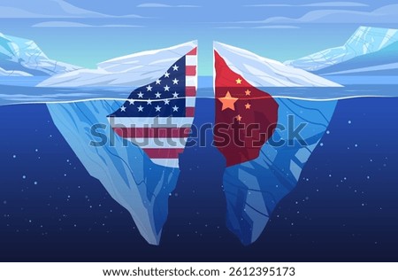 US China trade war concept iceberg flags divided in ocean blue sky background symbolic tension graphic design