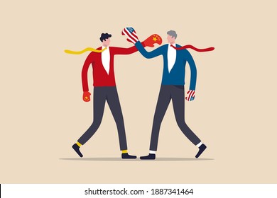 US China trade war, export and import tariff tax or economic cold war and government financial policy between leading country concept, businessmen fighting wearing boxing globe with China and USA flag