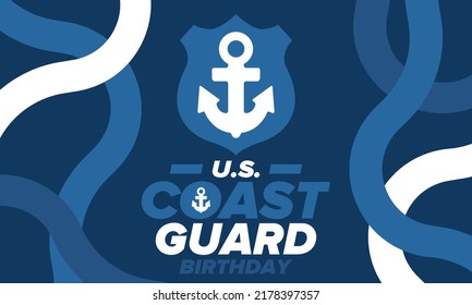 U.S. Coast Guard Birthday in United States. Federal holiday, celebrated annual in August 4. Sea style. Design with anchor and shield. Patriotic element. Poster, greeting card, banner and background. V