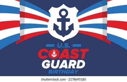 U.S. Coast Guard Birthday in United States. Federal holiday, celebrated annual in August 4. Sea style. Design with anchor and shield. Patriotic element. Poster, greeting card, banner and background. V
