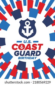 U.S. Coast Guard Birthday in United States. Federal holiday, celebrated annual in August 4. Sea style. Design with anchor and shield. Patriotic element. Poster, greeting card, banner and background. V
