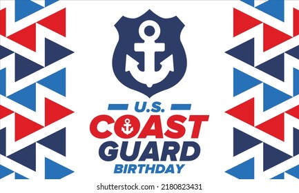 U.S. Coast Guard Birthday in United States. Federal holiday, celebrated annual in August 4. Sea style. Design with anchor and shield. Patriotic element. Poster, greeting card, banner and background. V
