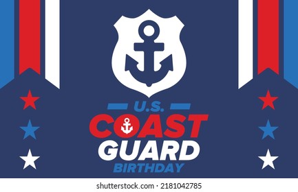 U.S. Coast Guard Birthday in United States. Federal holiday, celebrated annual in August 4. Sea style. Design with anchor and shield. Patriotic element. Poster, greeting card, banner and background. V