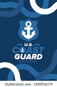 U.S. Coast Guard Birthday in United States. Federal holiday, celebrated annual in August 4. Sea style. Design with anchor and shield. Patriotic element. Poster, greeting card, banner and background