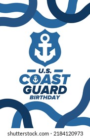 U.S. Coast Guard Birthday in United States. Federal holiday, celebrated annual in August 4. Sea style. Design with anchor and shield. Patriotic element. Poster, greeting card, banner and background