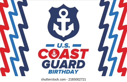U.S. Coast Guard Birthday in United States. Federal holiday, celebrated annual in August 4. Sea style. Design with anchor and shield. Patriotic element. Poster, greeting card, banner and background