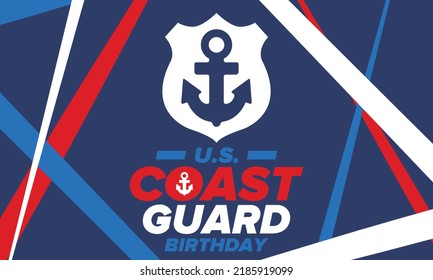 U.S. Coast Guard Birthday in United States. Federal holiday, celebrated annual in August 4. Sea style. Design with anchor and shield. Patriotic element. Poster, greeting card, banner and background