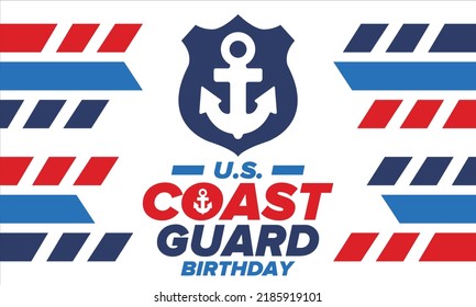 U.S. Coast Guard Birthday in United States. Federal holiday, celebrated annual in August 4. Sea style. Design with anchor and shield. Patriotic element. Poster, greeting card, banner and background