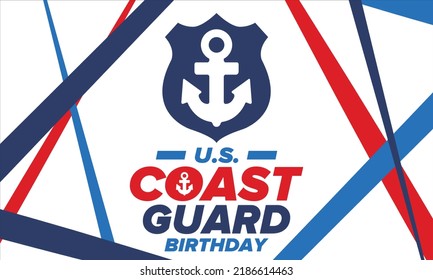 U.S. Coast Guard Birthday in United States. Federal holiday, celebrated annual in August 4. Sea style. Design with anchor and shield. Patriotic element. Poster, greeting card, banner and background