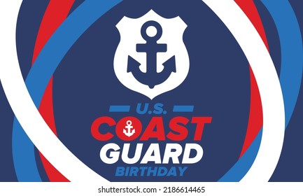 U.S. Coast Guard Birthday in United States. Federal holiday, celebrated annual in August 4. Sea style. Design with anchor and shield. Patriotic element. Poster, greeting card, banner and background