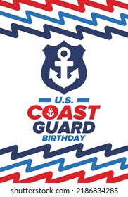 U.S. Coast Guard Birthday in United States. Federal holiday, celebrated annual in August 4. Sea style. Design with anchor and shield. Patriotic element. Poster, greeting card, banner and background