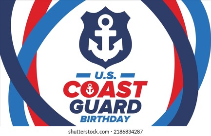U.S. Coast Guard Birthday in United States. Federal holiday, celebrated annual in August 4. Sea style. Design with anchor and shield. Patriotic element. Poster, greeting card, banner and background