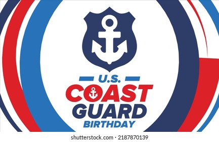 U.S. Coast Guard Birthday in United States. Federal holiday, celebrated annual in August 4. Sea style. Design with anchor and shield. Patriotic element. Poster, greeting card, banner and background