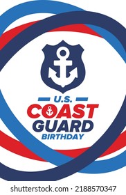 U.S. Coast Guard Birthday in United States. Federal holiday, celebrated annual in August 4. Sea style. Design with anchor and shield. Patriotic element. Poster, greeting card, banner and background