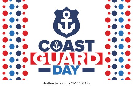 U.S. Coast Guard Birthday in United States. Federal holiday, celebrated annual in August 4. Sea style. Design with anchor and shield. Patriotic element. Poster, greeting card, banner and background