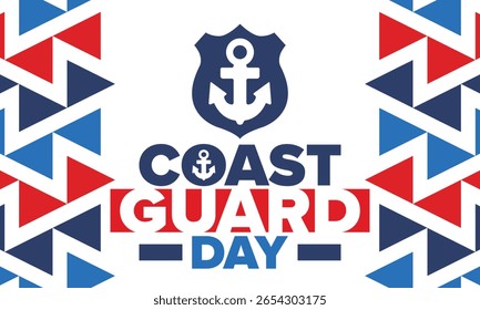U.S. Coast Guard Birthday in United States. Federal holiday, celebrated annual in August 4. Sea style. Design with anchor and shield. Patriotic element. Poster, greeting card, banner and background