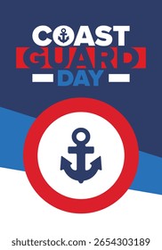 U.S. Coast Guard Birthday in United States. Federal holiday, celebrated annual in August 4. Sea style. Design with anchor and shield. Patriotic element. Poster, greeting card, banner and background