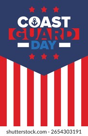 Aniversário da Guarda Costeira dos EUA nos Estados Unidos Feriado federal, celebrado anualmente em 4 de agosto. Estilo do mar. Design com âncora e escudo. Elemento patriótico. Cartaz, cartão de saudação, faixa e fundo