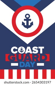 U.S. Coast Guard Birthday in United States. Federal holiday, celebrated annual in August 4. Sea style. Design with anchor and shield. Patriotic element. Poster, greeting card, banner and background