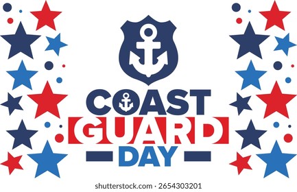 Aniversário da Guarda Costeira dos EUA nos Estados Unidos Feriado federal, celebrado anualmente em 4 de agosto. Estilo do mar. Design com âncora e escudo. Elemento patriótico. Cartaz, cartão de saudação, faixa e fundo