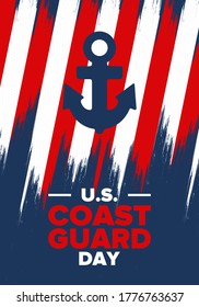 U.S. Coast Guard Day in United States. Federal holiday, celebrated annual in August 4. Sea style. Design with anchor and shield. Patriotic element. Poster, greeting card, banner and background. Vector