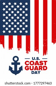 U.S. Coast Guard Day in United States. Federal holiday, celebrated annual in August 4. Sea style. Design with anchor and shield. Patriotic element. Poster, greeting card, banner and background. Vector