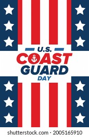 U.S. Coast Guard Day in United States. Federal holiday, celebrated annual in August 4. Sea style. Design with anchor and shield. Patriotic element. Poster, greeting card, banner and background. Vector