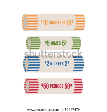 US Coin Roll Wrapper. Quarter, Nickel, Dime, Penny Icon Symbol Vector Illustration