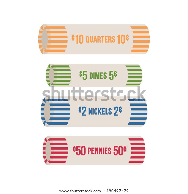 US Coin Roll Wrapper. Quarter, Nickel, Dime,\
Penny Icon Symbol Vector\
Illustration