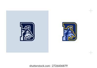 US College Varsity Style D-Logo mit Wolf Symbol für Leichtathletik. Einzeln auf weißem Hintergrund.