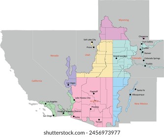 Mapa de la cuenca del río Colorado con los límites de 119 condados y las principales ciudades que utilizan el agua del río Colorado