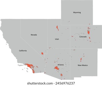 US Colorado Flussgebietskarte mit 7 Bundesstaaten (Arizona, Kalifornien, Colorado, Nevada, Neu Mexiko, Utah, Wyoming) und Urbanen Gebieten