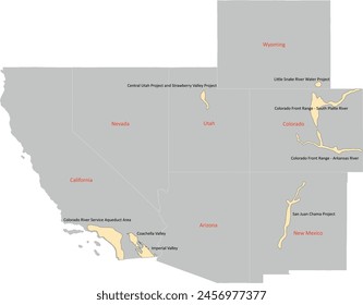 US Colorado River Basin map with 7 States and U.S. Bureau of Reclamation (USBR) Areas Served by Colorado River.