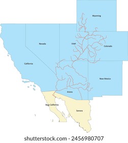 US Colorado River Basin map with 7 States (Arizona, California, Colorado, Nevada, New Mexico, Utah, and Wyoming) and Mexico 2 States (Baja California and Sonora) and the Rivers