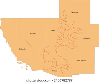 US Colorado River Basin map with 7 States and Rivers.