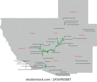 US Colorado River Basin map with 7 States and Colorado River Basin National Recreational Areas