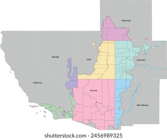 US Colorado River Basin map with 7 States and 119 County Boundaries