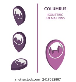 US Columbus 3D vector logo set. USA, United States of America Ohio state. Isometric map pin, geolocation pointer, modern skyline icon, concept, isolated graphic