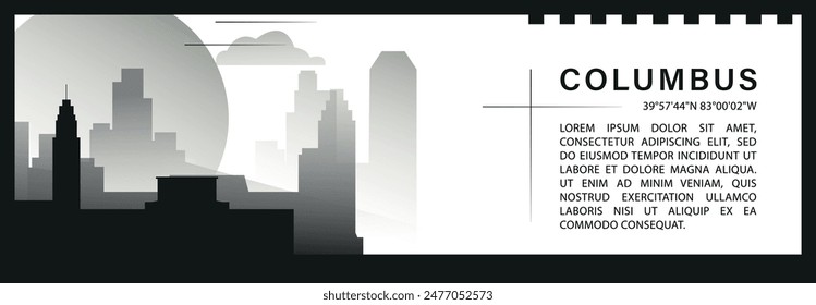 US Columbus skyline vector banner, black and white minimalistic cityscape silhouette. USA Ohio state horizontal graphic, travel infographic, monochrome layout for website