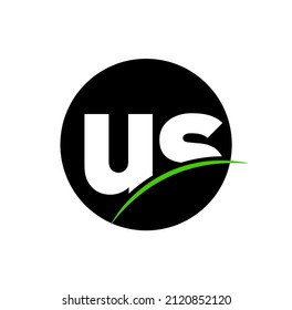 US company name initial letters monogram. US letters with green line.