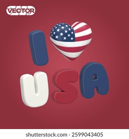 US concept 3D vector I love USA icon set on red background. realistic illustration