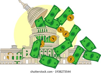 US Congress And Capitol Dome In Washington DC With Cash Money Floating Over The Building, Illustrating Coronavirus Economic Stimulus Payment And Government Spending. Vector Illlustration