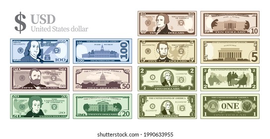 Moneda estadounidense, Colección de ilustración vectorial en la parte delantera y trasera de los billetes estadounidenses.