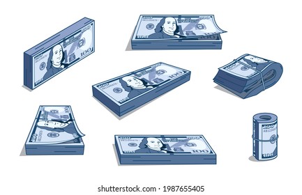 US currency, a set of bills of various angles. 100 dollars.