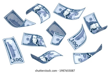 US currency, a set of falling bills in various forms. 100 dollars.