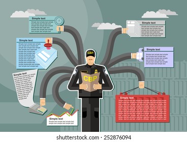 U.S. Customs and Border Protection  infographic Work. .Kntejner, weigh, report. Working time. Man in uniform.